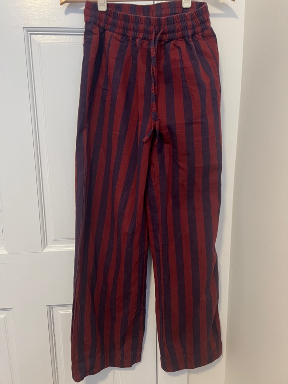 Damson Madder Rafe Trouser | Wide Leg Striped Pants in Burgundy & Navy